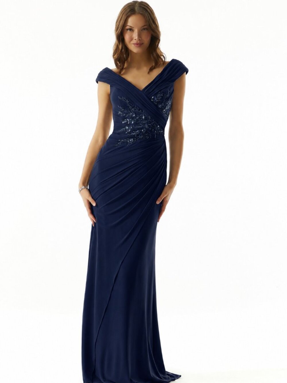 Navy Ruched Mesh Beaded Cap Sleeve Mother of the Bride/Groom Gown MGNY 73012